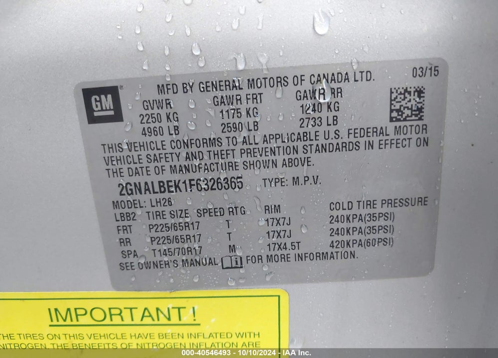 2015 CHEVROLET EQUINOX 1LT VIN: 2GNALBEK1F6326365