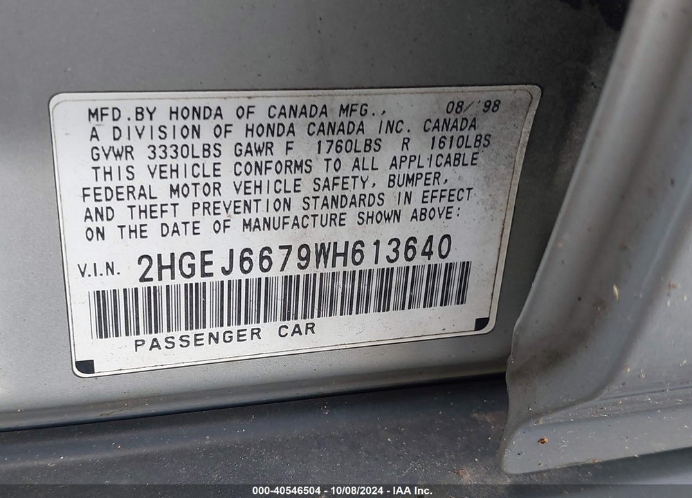 1998 HONDA CIVIC LX VIN: 2HGEJ6679WH613640