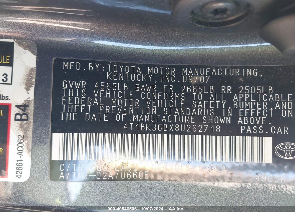 2008 TOYOTA AVALON XLS VIN: 4T1BK36BX8U262718