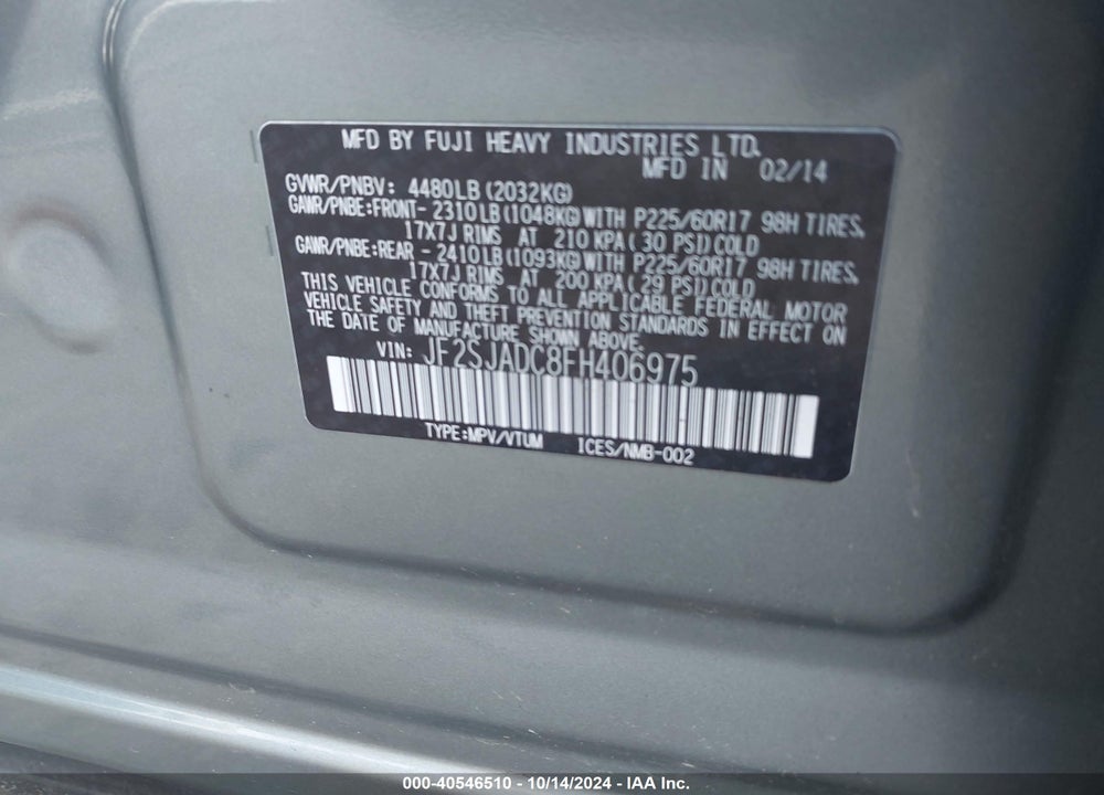 2015 SUBARU FORESTER 2.5I PREMIUM VIN: JF2SJADC8FH406975