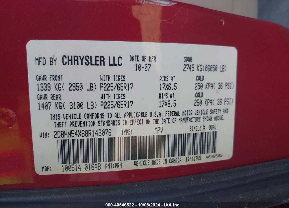 2008 DODGE GRAND CARAVAN SXT VIN: 2D8HN54X68R143076