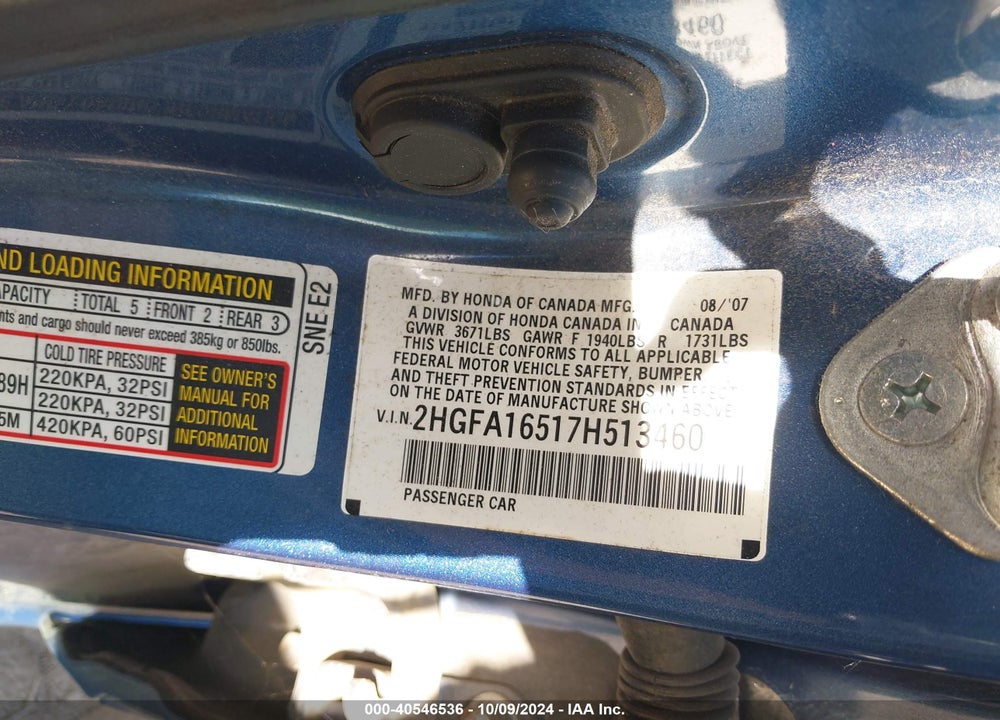 2007 HONDA CIVIC LX VIN: 2HGFA16517H513460