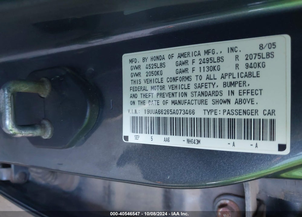 2005 ACURA TL VIN: 19UUA66265A073466