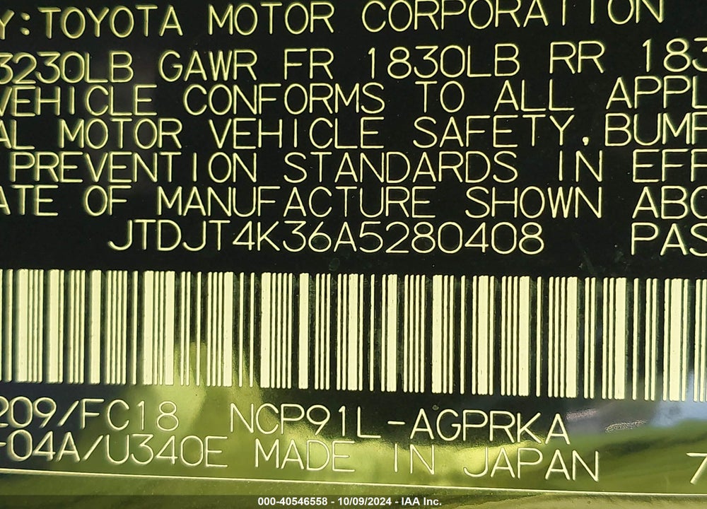 2010 TOYOTA YARIS VIN: JTDJT4K36A5280408