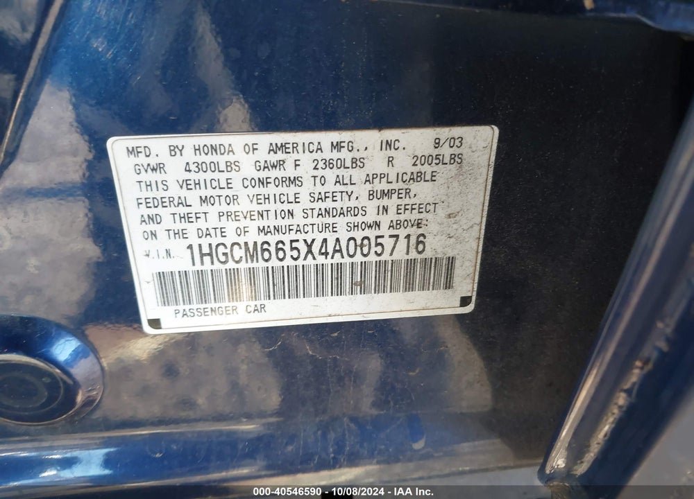 2004 HONDA ACCORD 3.0 EX VIN: 1HGCM665X4A005716