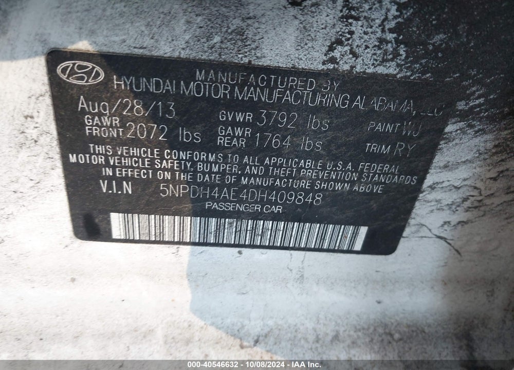 2013 HYUNDAI ELANTRA LIMITED VIN: 5NPDH4AE4DH409848