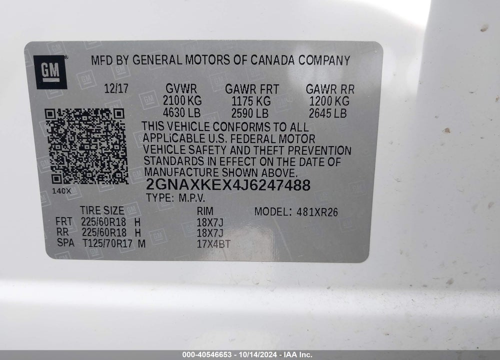 2018 CHEVROLET EQUINOX LT VIN: 2GNAXKEX4J6247488