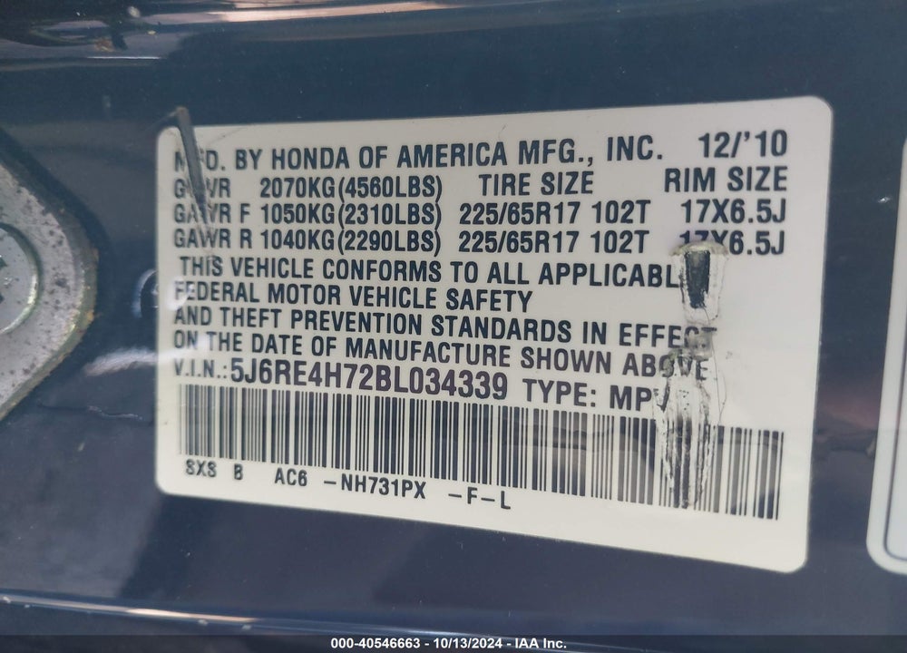 2011 HONDA CR-V EX-L VIN: 5J6RE4H72BL034339