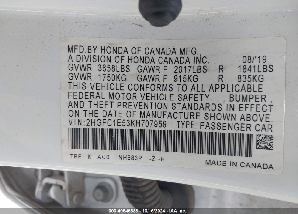2019 HONDA CIVIC SI VIN: 2HGFC1E53KH707959