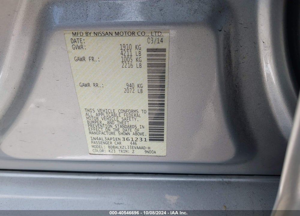 2014 NISSAN ALTIMA 2.5 SL VIN: 1N4AL3AP1EN361231