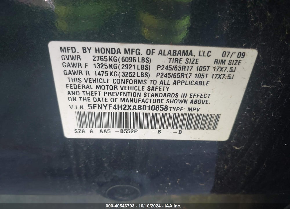 2010 HONDA PILOT LX VIN: 5FNYF4H2XAB010858