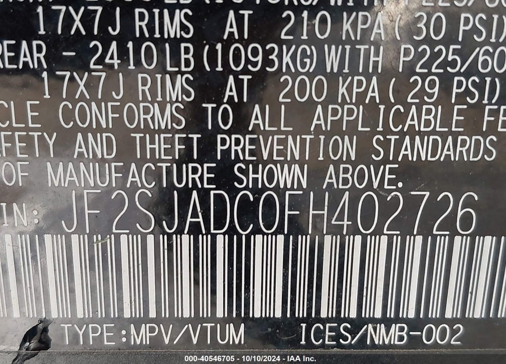 2015 SUBARU FORESTER 2.5I PREMIUM VIN: JF2SJADC0FH402726