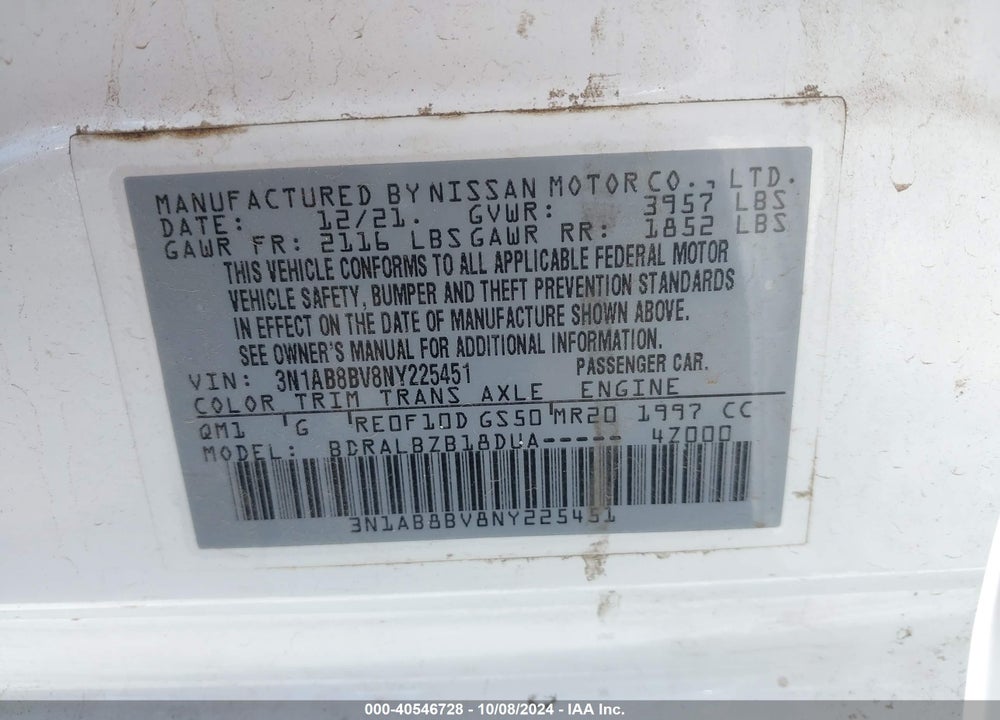 2022 NISSAN SENTRA S XTRONIC CVT VIN: 3N1AB8BV8NY225451
