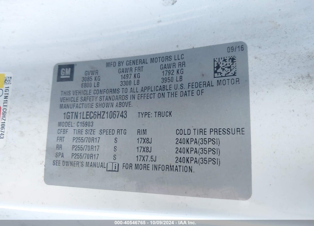 2017 GMC SIERRA 1500 VIN: 1GTN1LEC6HZ106743
