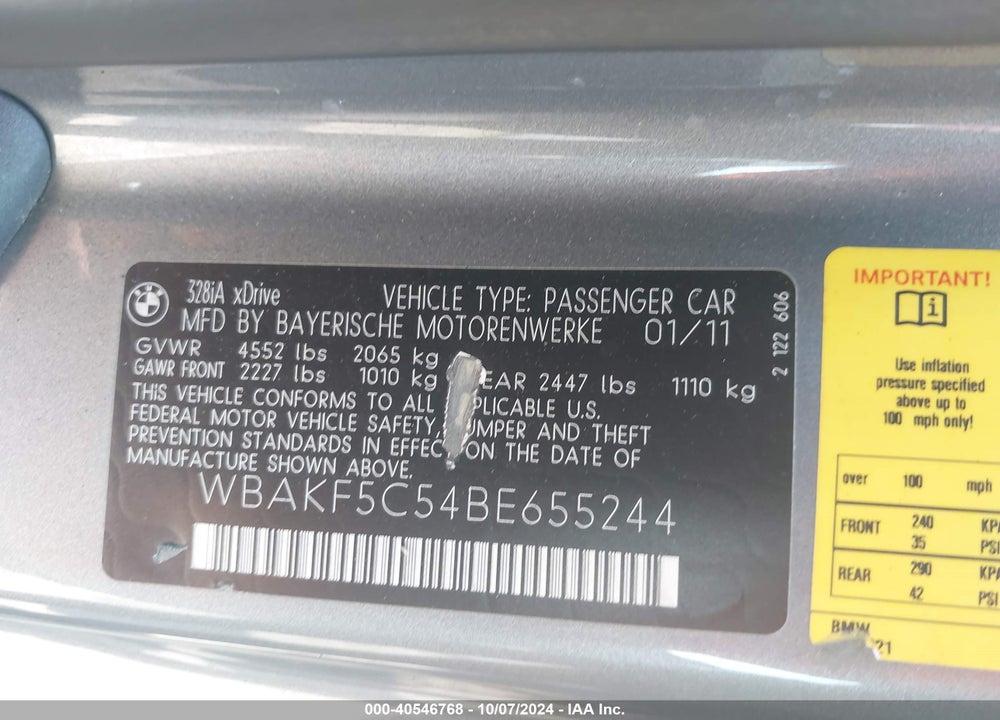 2011 BMW 328I XDRIVE VIN: WBAKF5C54BE655244