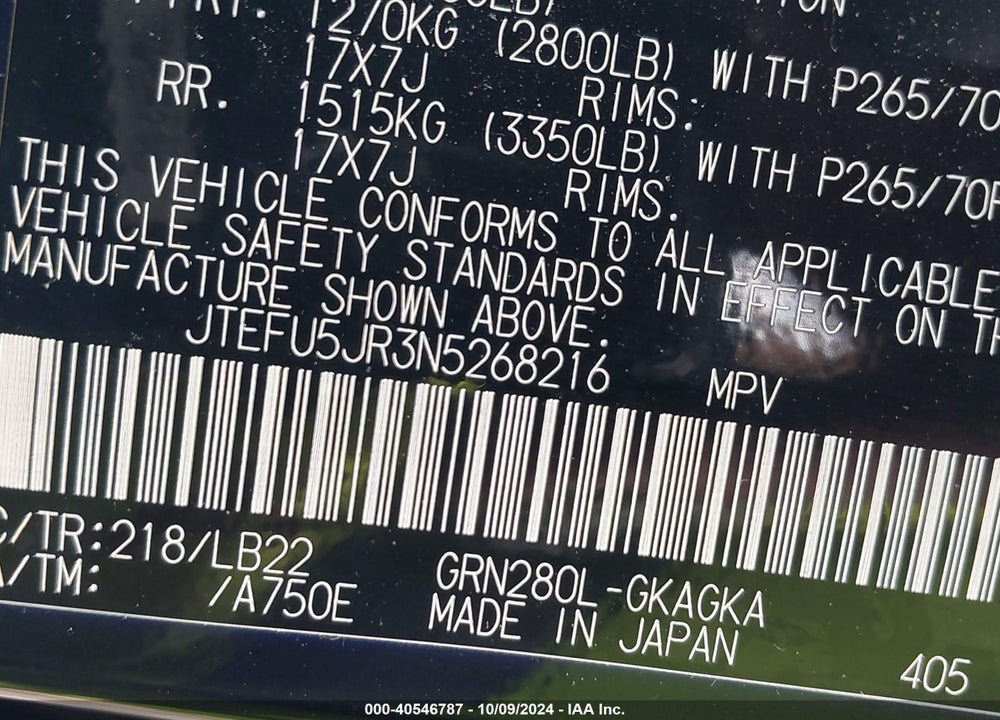 2022 TOYOTA 4RUNNER SR5 PREMIUM VIN: JTEFU5JR3N5268216