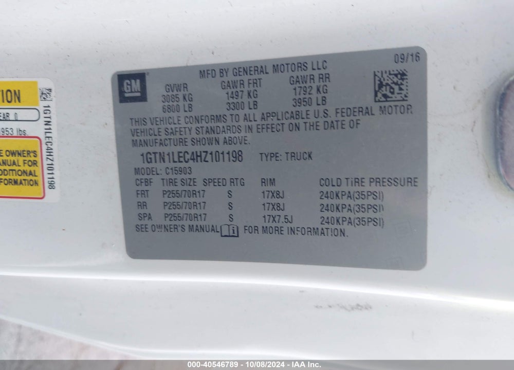 2017 GMC SIERRA 1500 VIN: 1GTN1LEC4HZ101198