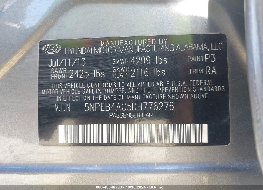 2013 HYUNDAI SONATA GLS VIN: 5NPEB4AC5DH776276