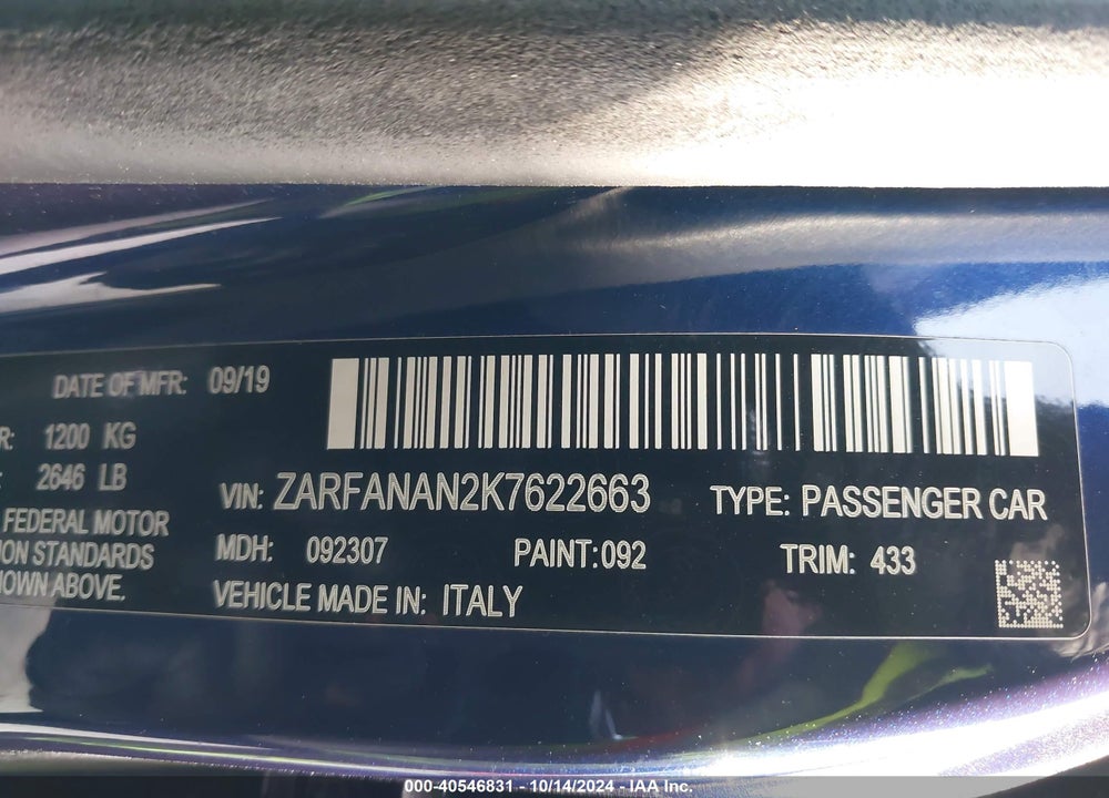 2019 ALFA ROMEO GIULIA AWD VIN: ZARFANAN2K7622663
