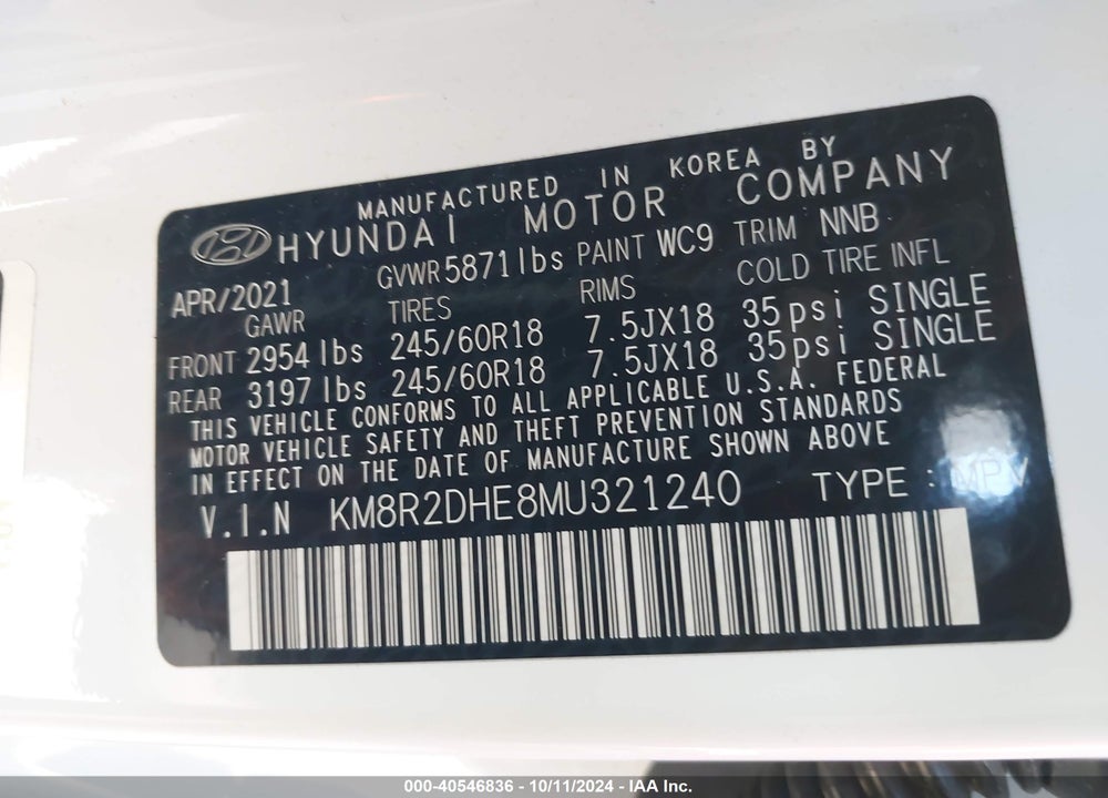 2021 HYUNDAI PALISADE SEL VIN: KM8R2DHE8MU321240