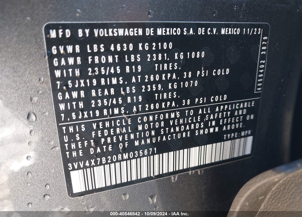 2024 VOLKSWAGEN TAOS 1.5T SEL VIN: 3VV4X7B20RM035671