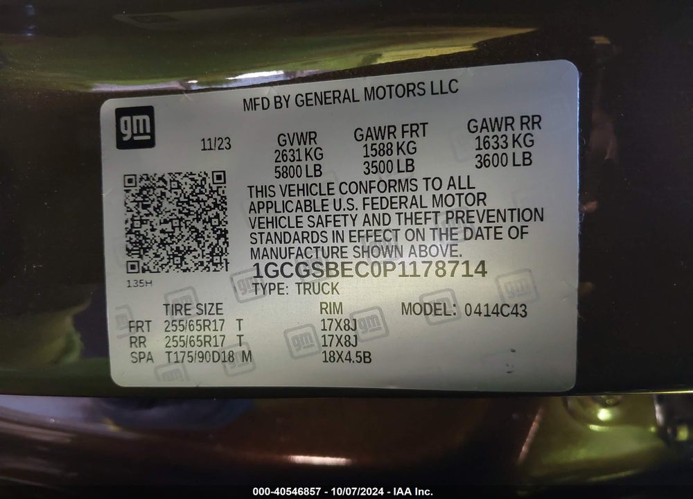 2023 CHEVROLET COLORADO 2WD SHORT BOX WT VIN: 1GCGSBEC0P1178714
