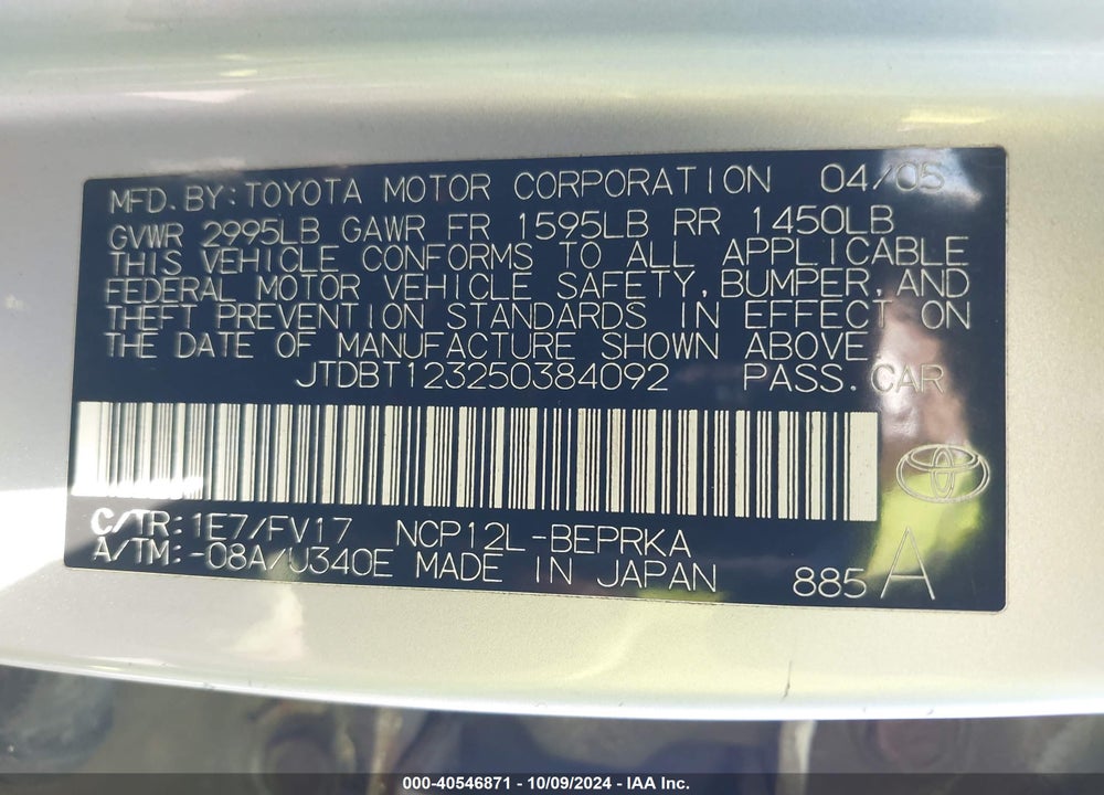 2005 TOYOTA ECHO VIN: JTDBT123250384092
