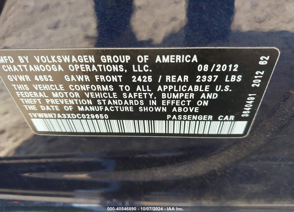 2013 VOLKSWAGEN PASSAT 2.0L TDI SE VIN: 1VWBN7A3XDC029650
