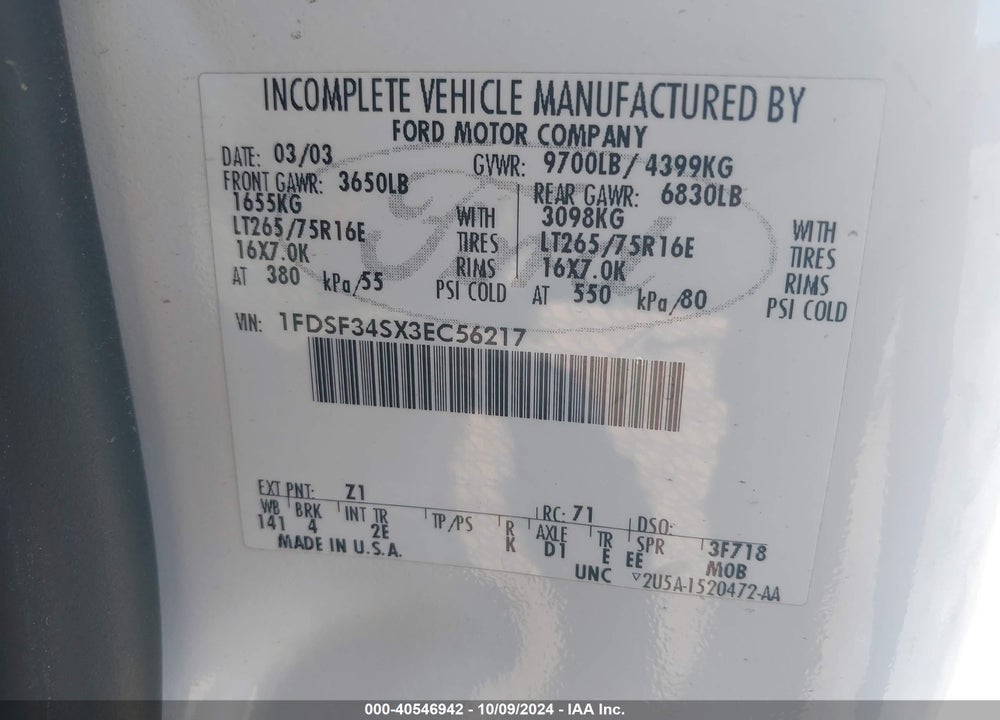 2003 FORD F-350 CHASSIS VIN: 1FDSF34SX3EC56217