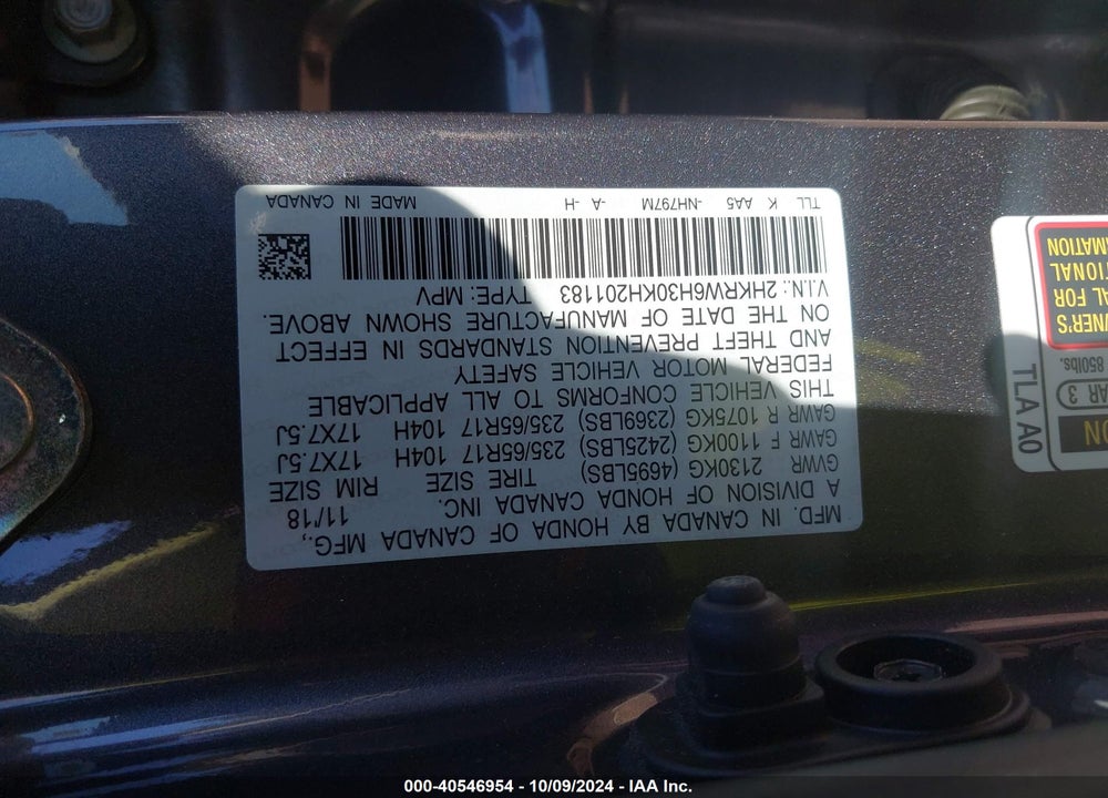 2019 HONDA CR-V LX VIN: 2HKRW6H30KH201183