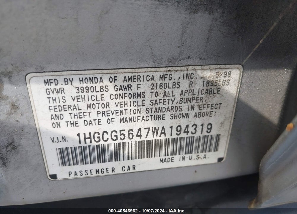 1998 HONDA ACCORD LX VIN: 1HGCG5647WA194319