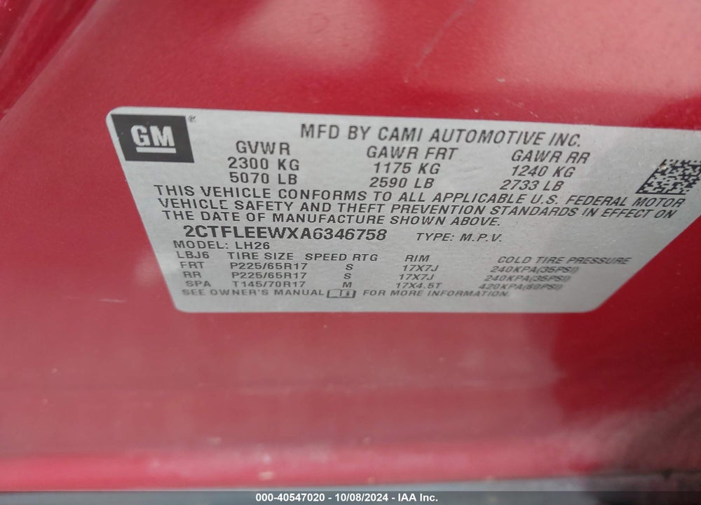 2010 GMC TERRAIN SLE-2 VIN: 2CTFLEEWXA6346758
