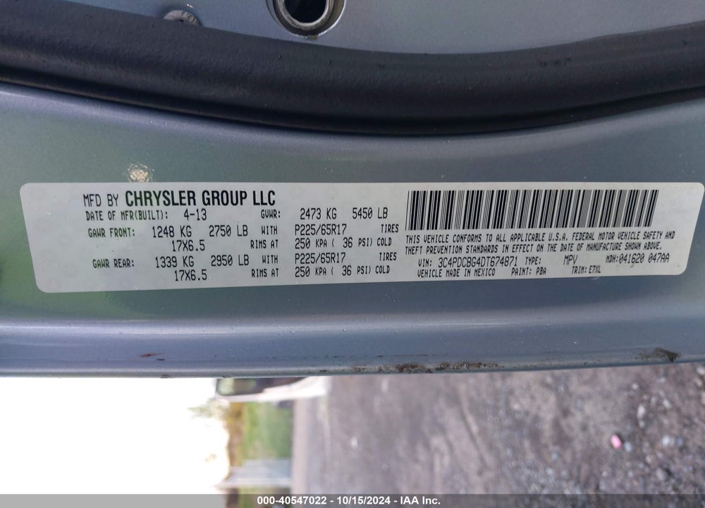 2013 DODGE JOURNEY SXT VIN: 3C4PDCBG4DT674871