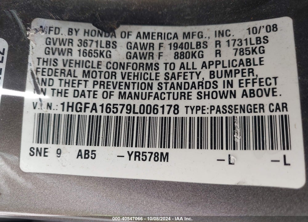 2009 HONDA CIVIC LX VIN: 1HGFA16579L006178