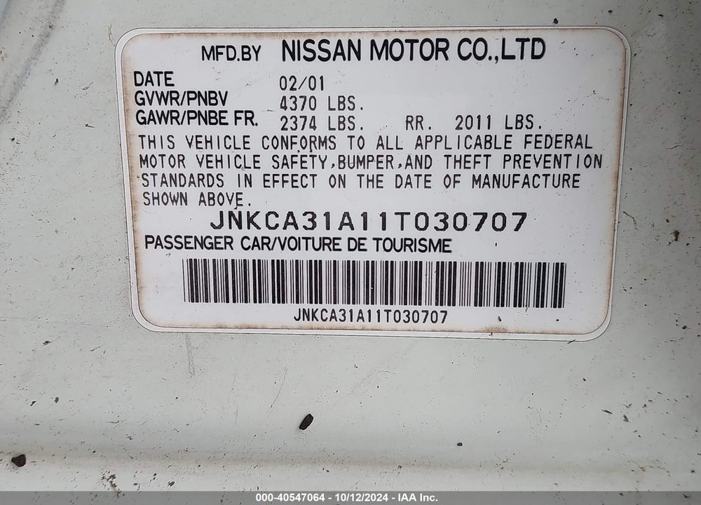 2001 INFINITI I30 TOURING VIN: JNKCA31A11T030707