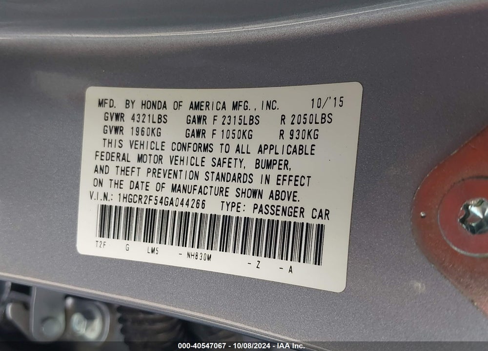 2016 HONDA ACCORD SPORT VIN: 1HGCR2F54GA044266