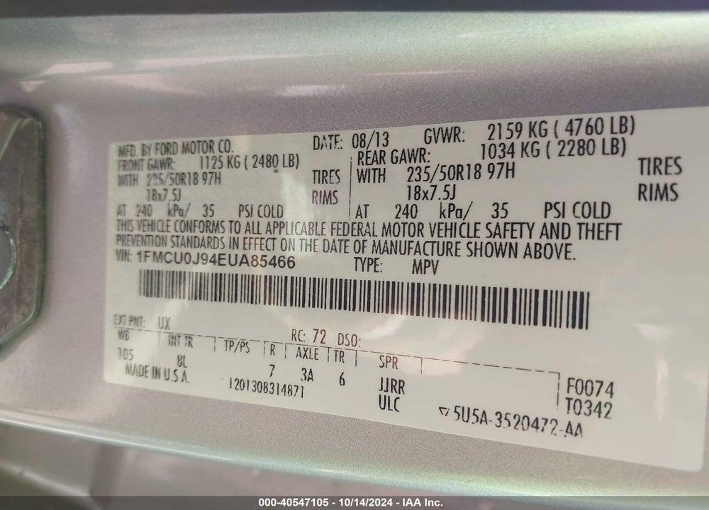 2014 FORD ESCAPE TITANIUM VIN: 1FMCU0J94EUA85466