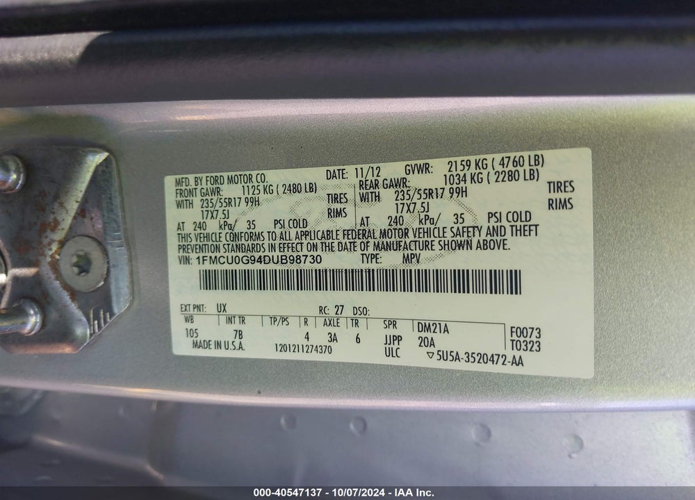 2013 FORD ESCAPE SE VIN: 1FMCU0G94DUB98730