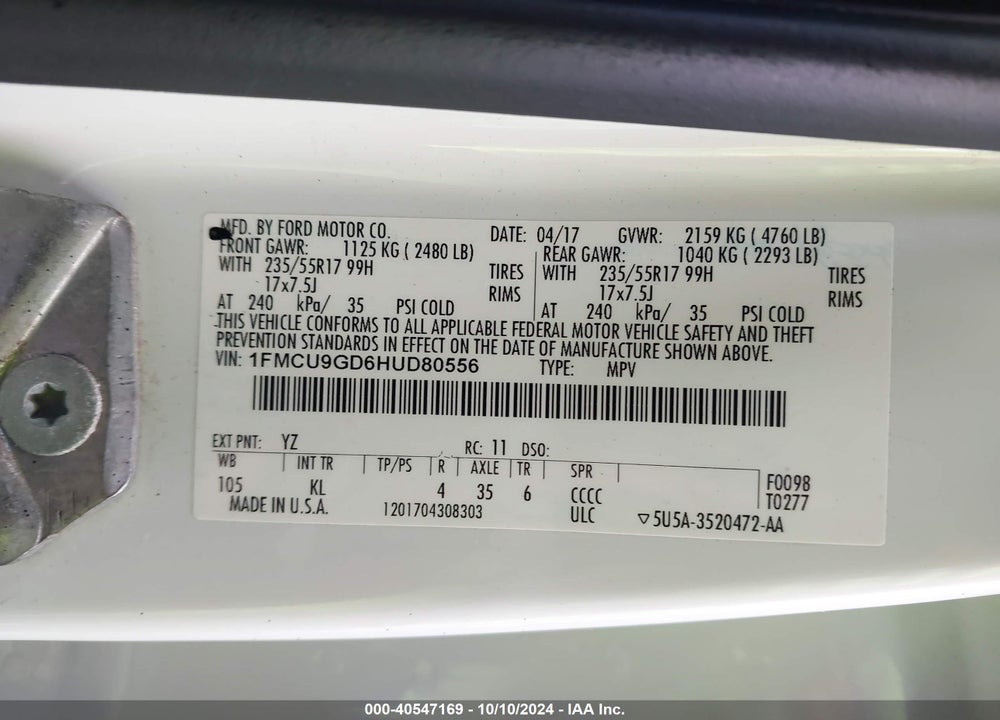 2017 FORD ESCAPE SE VIN: 1FMCU9GD6HUD80556
