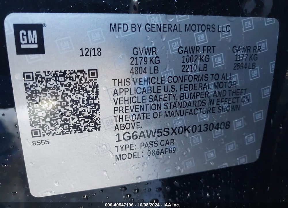 2019 CADILLAC CTS STANDARD VIN: 1G6AW5SX0K0130408