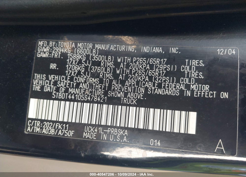 2005 TOYOTA TUNDRA SR5 V8 VIN: 5TBDT44105S478421