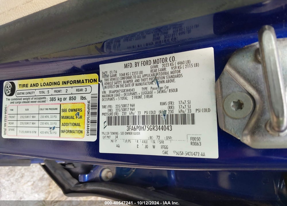 2016 FORD FUSION SE VIN: 3FA6P0H75GR344043