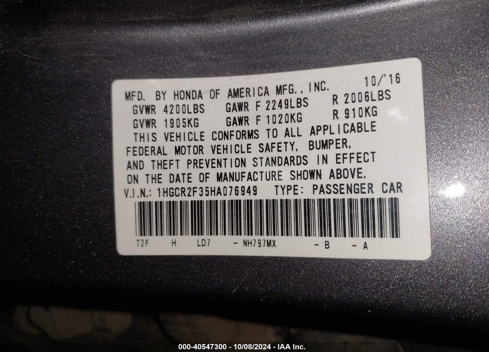 2017 HONDA ACCORD LX VIN: 1HGCR2F35HA076949