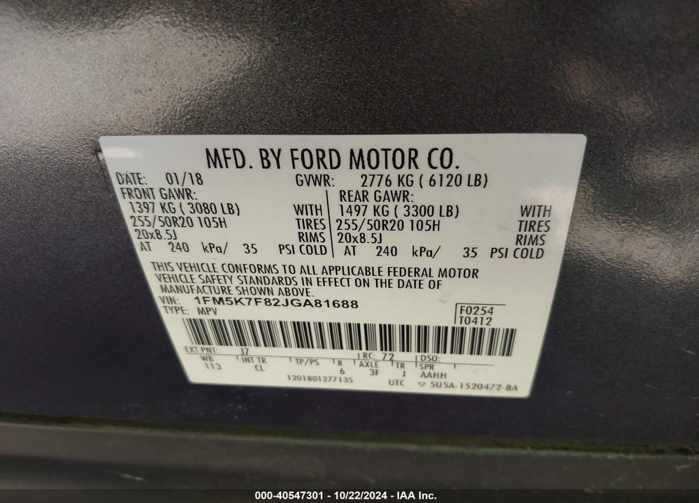 2018 FORD EXPLORER LIMITED VIN: 1FM5K7F82JGA81688