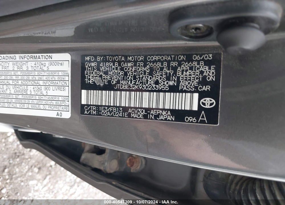 2003 TOYOTA CAMRY LE VIN: JTDBE32K930233955