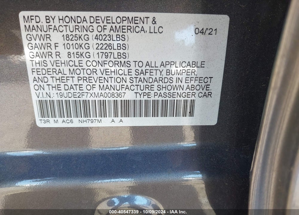 2021 ACURA ILX PREMIUM PACKAGE/TECHNOLOGY PACKAGE VIN: 19UDE2F7XMA008367