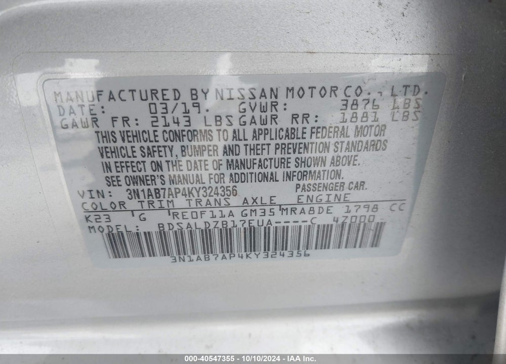 2019 NISSAN SENTRA SV VIN: 3N1AB7AP4KY324356