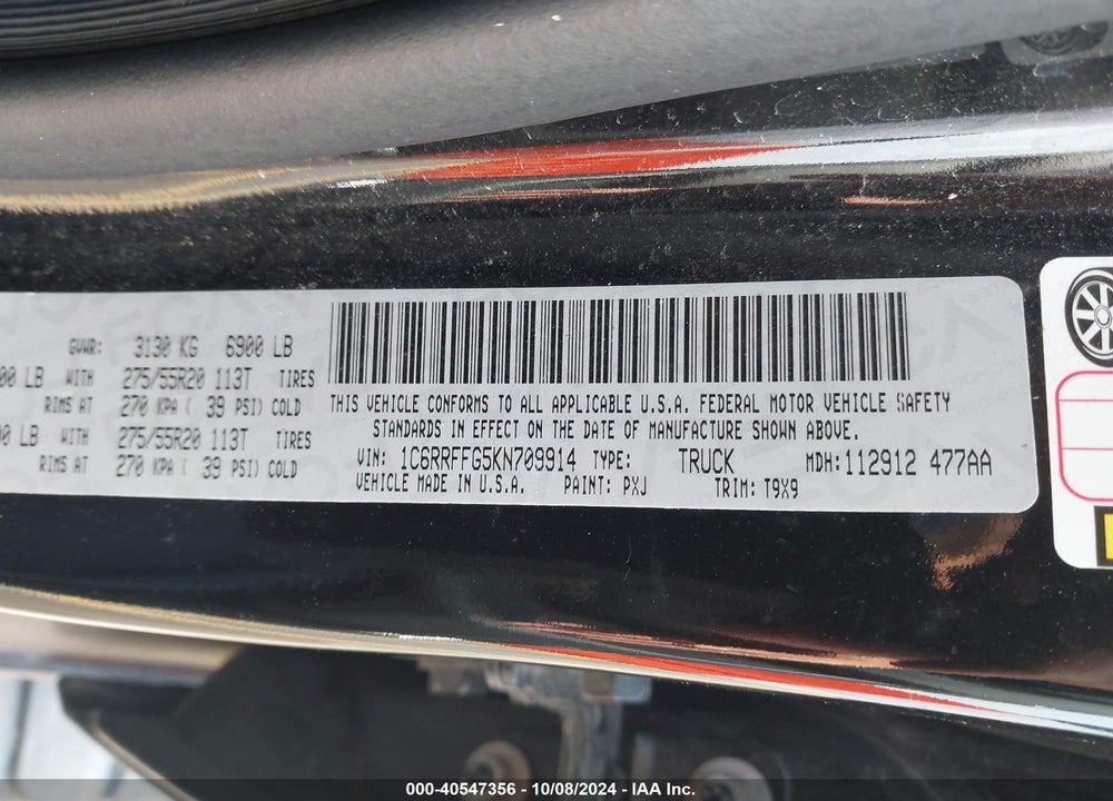 2019 RAM 1500 BIG HORN/LONE STAR 4X4 5'7 BOX VIN: 1C6RRFFG5KN709914