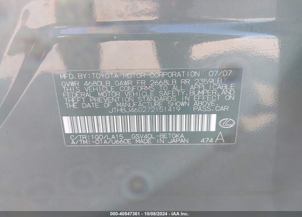 2007 LEXUS ES 350 VIN: JTHBJ46G272151419