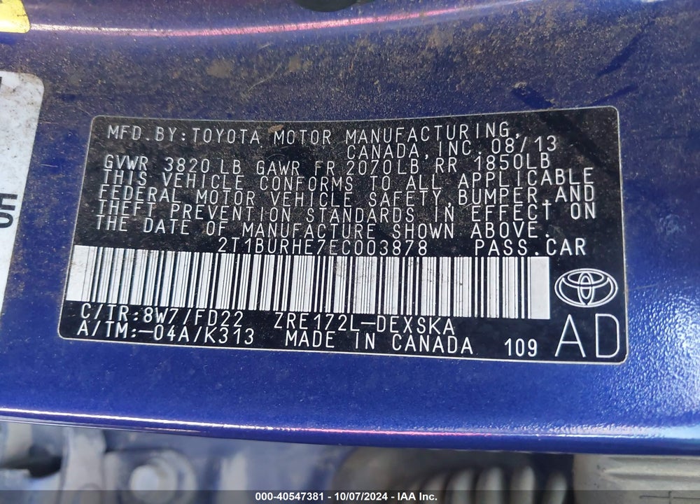 2014 TOYOTA COROLLA S PLUS VIN: 2T1BURHE7EC003878